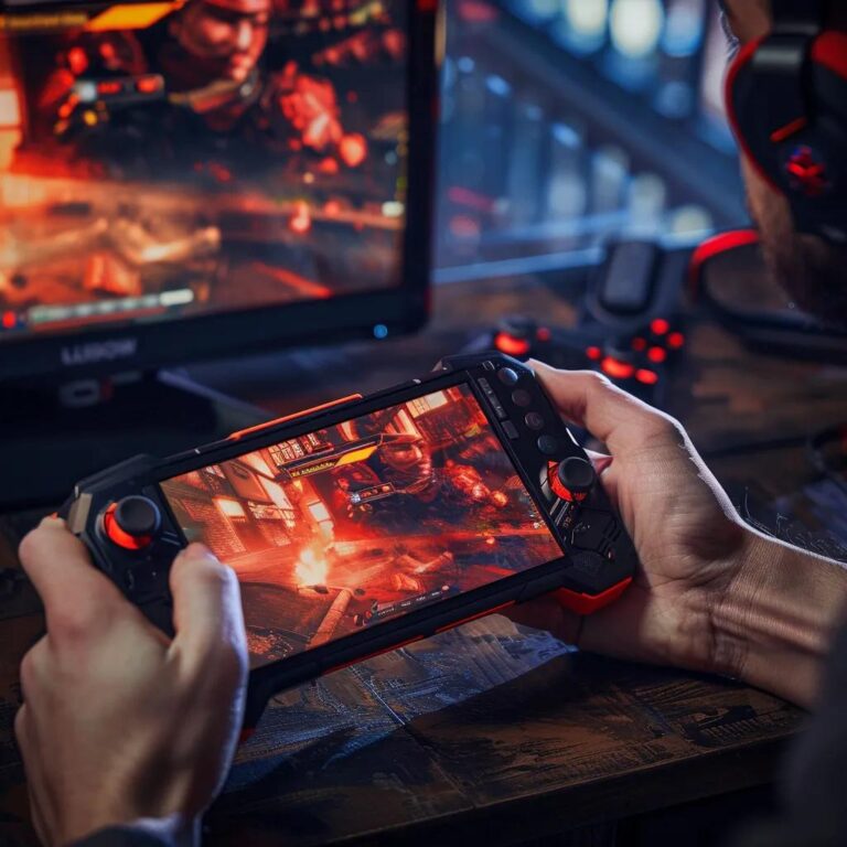 Lenovo Legion Go S handheld gaming device in a vibrant gaming environment